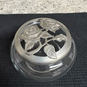 Vintage Floral Roses Seagull Pewter Jar Potpourri Glass Trinket Bowl 5.5" x 4"